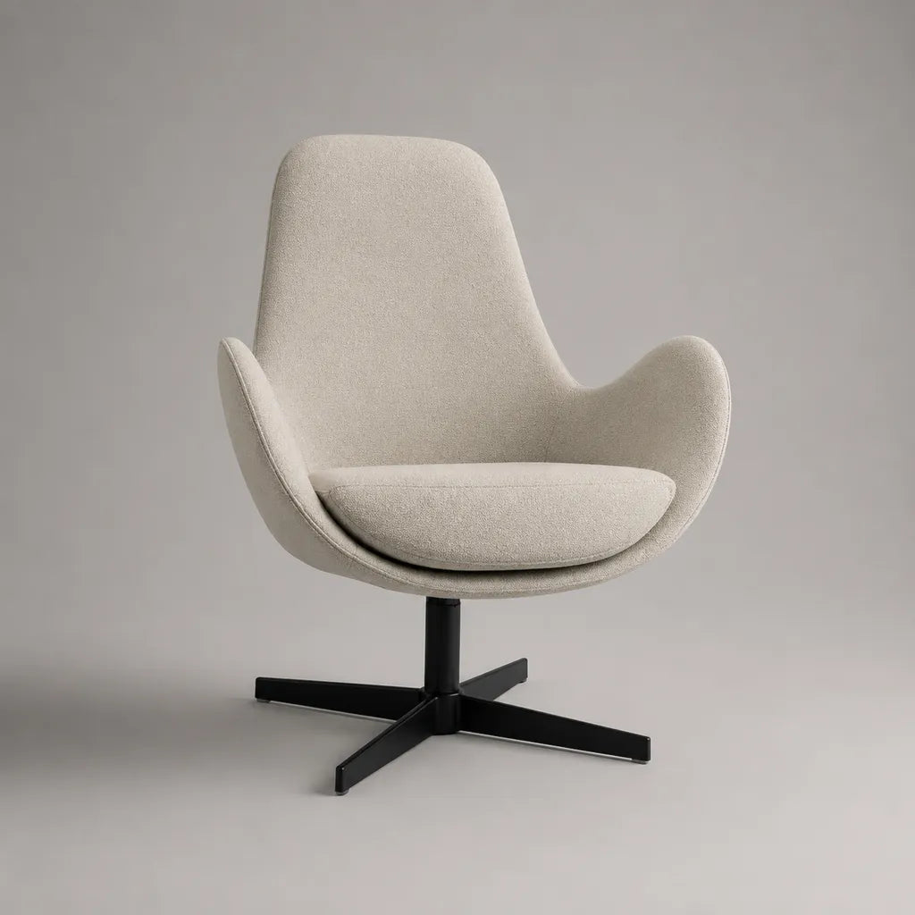 Poltrona girevole imbottita in bouclé di poliestere con base in acciaio nero, beige, 78 × 80 × 96 cm