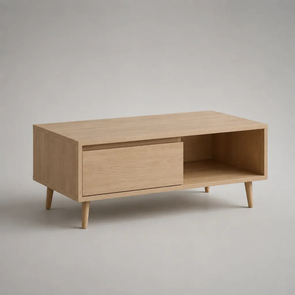 Tavolino da salotto rettangolare in legno con cassetto e vano aperto, rovere naturale, 100 × 50 × 45 cm