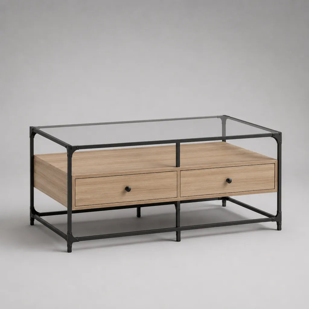 Tavolino rettangolare 100 × 55 × 50 cm in vetro, acciaio e legno con 2 cassetti, rovere naturale, nero e trasparente