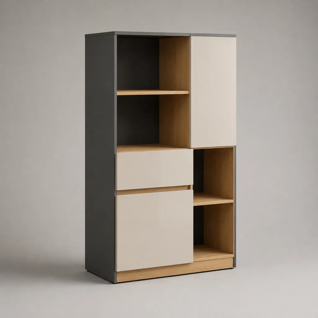 Libreria a colonna in truciolare melaminico antracite, bianco e rovere naturale con 4 vani, 2 ante e 1 cassetto, 80 x 35 x 160 cm