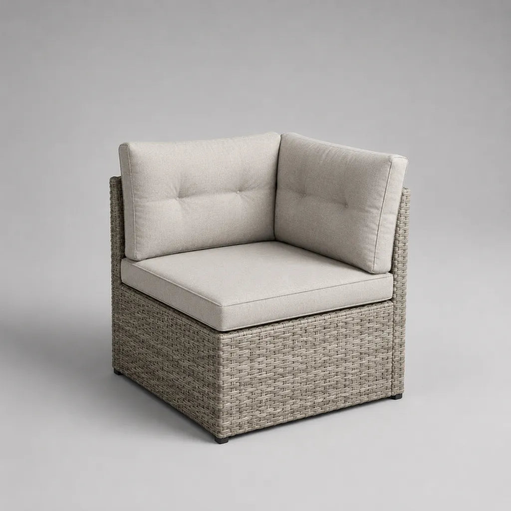 Poltrona angolare modulare da esterno in rattan sintetico grigio tortora con cuscini beige, 75 x 75 x 72 cm