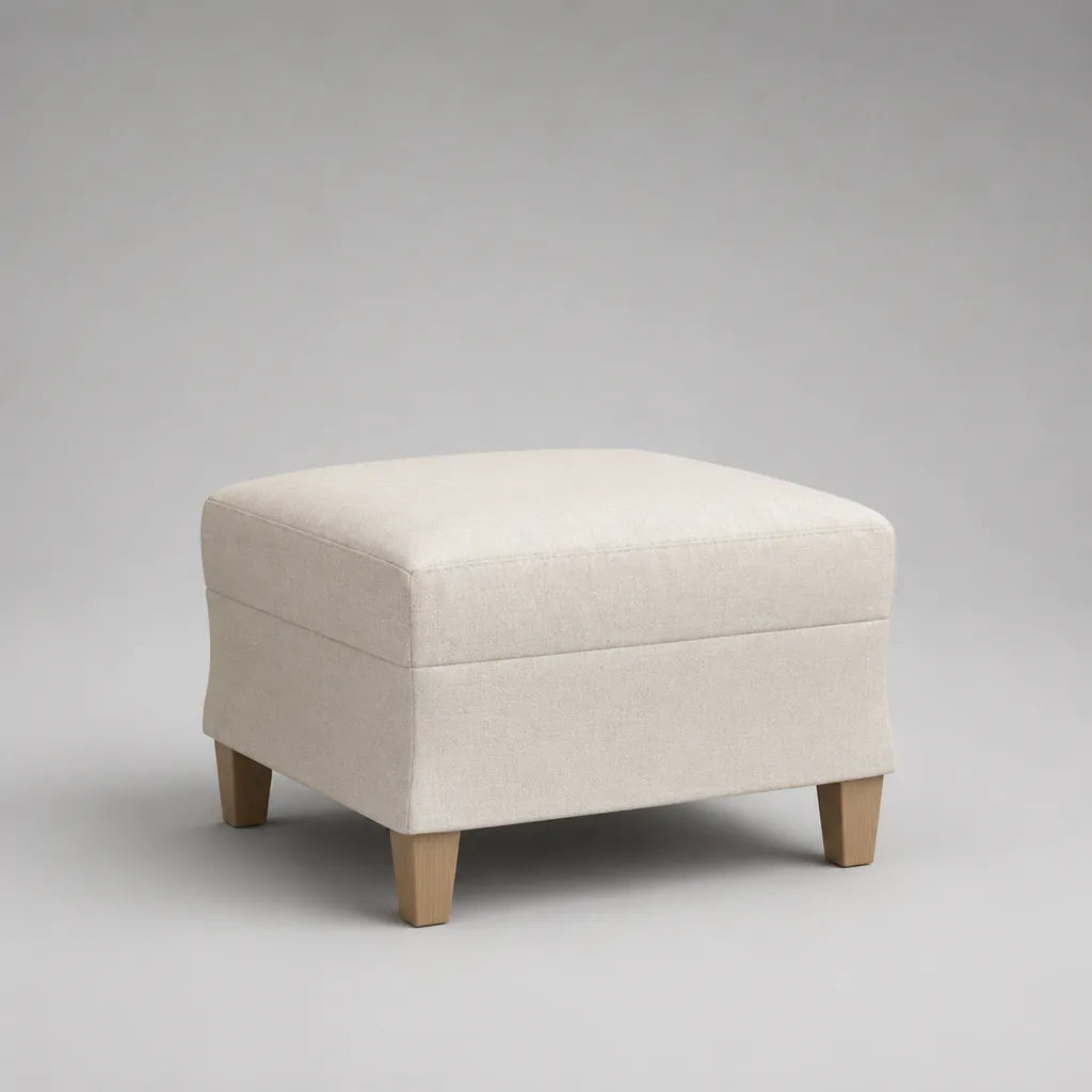Poggiapiedi imbottito rettangolare in poliestere e legno massello crema, 55 × 45 × 43 cm