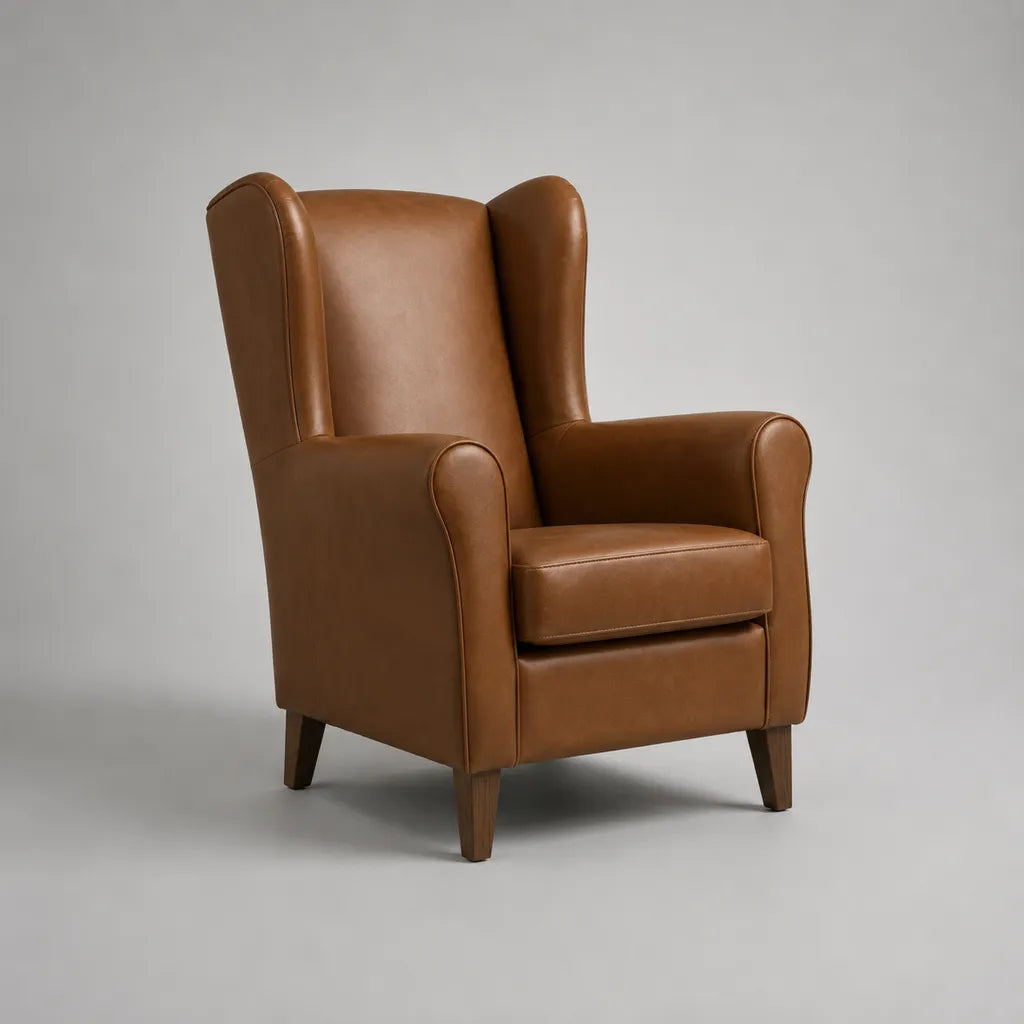 Poltrona bergère in similpelle PU marrone cognac con schienale alto, 80 × 86 × 108 cm