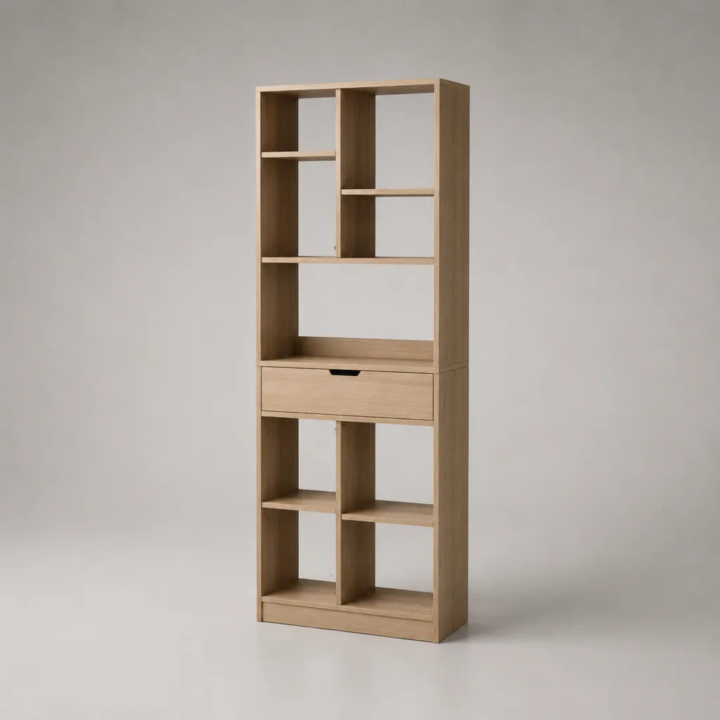 Libreria alta a colonna con 9 vani e cassetto in pannello truciolare melaminico, rovere naturale, 60 x 24 x 180 cm