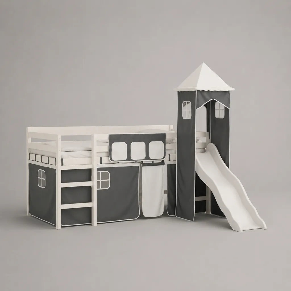 Letto a soppalco per bambini 90 x 200 cm in pino massello bianco con scala, scivolo, torre e tenda grigio-bianca