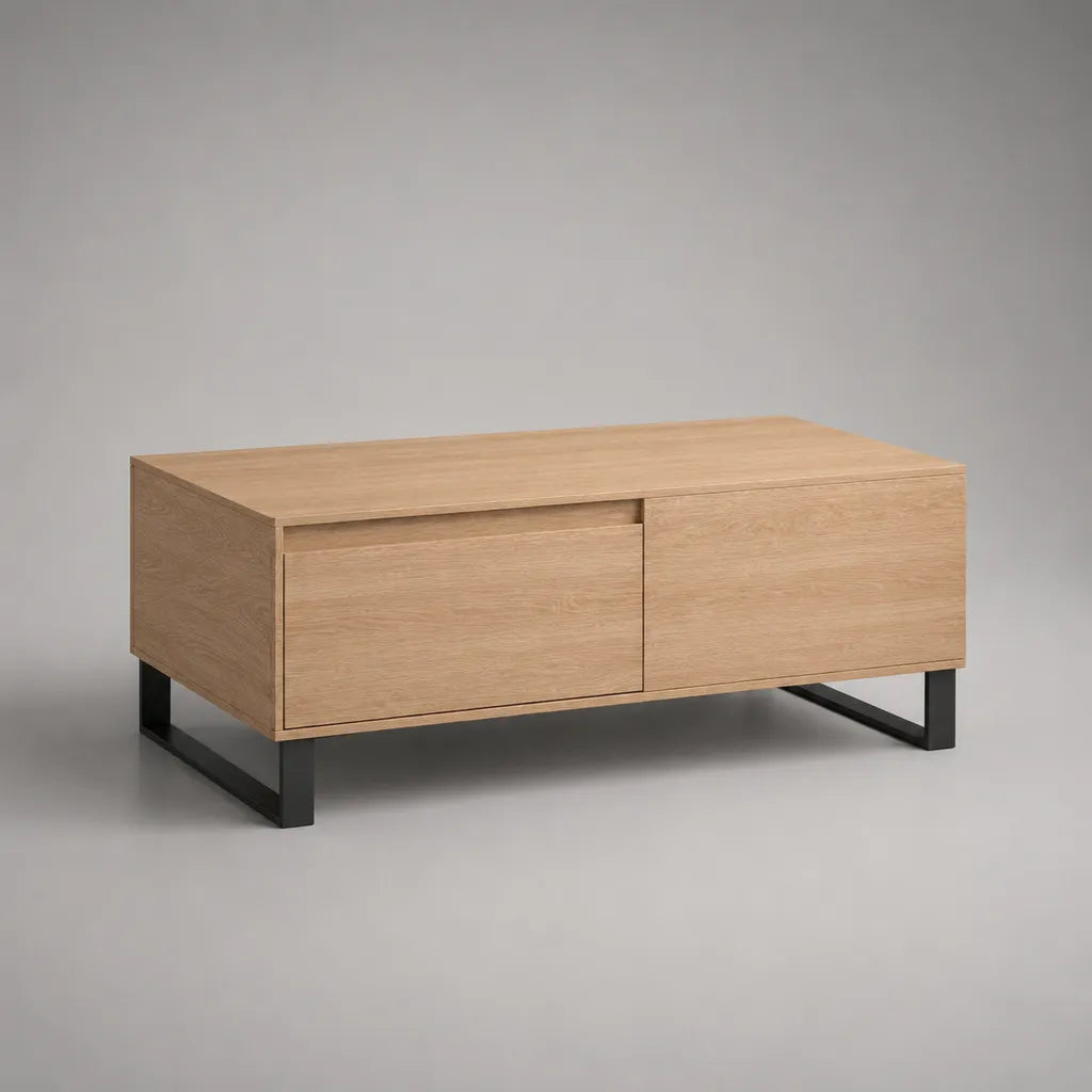 Tavolino rettangolare in legno e metallo con 2 cassetti, rovere naturale e nero, 100 × 55 × 45 cm