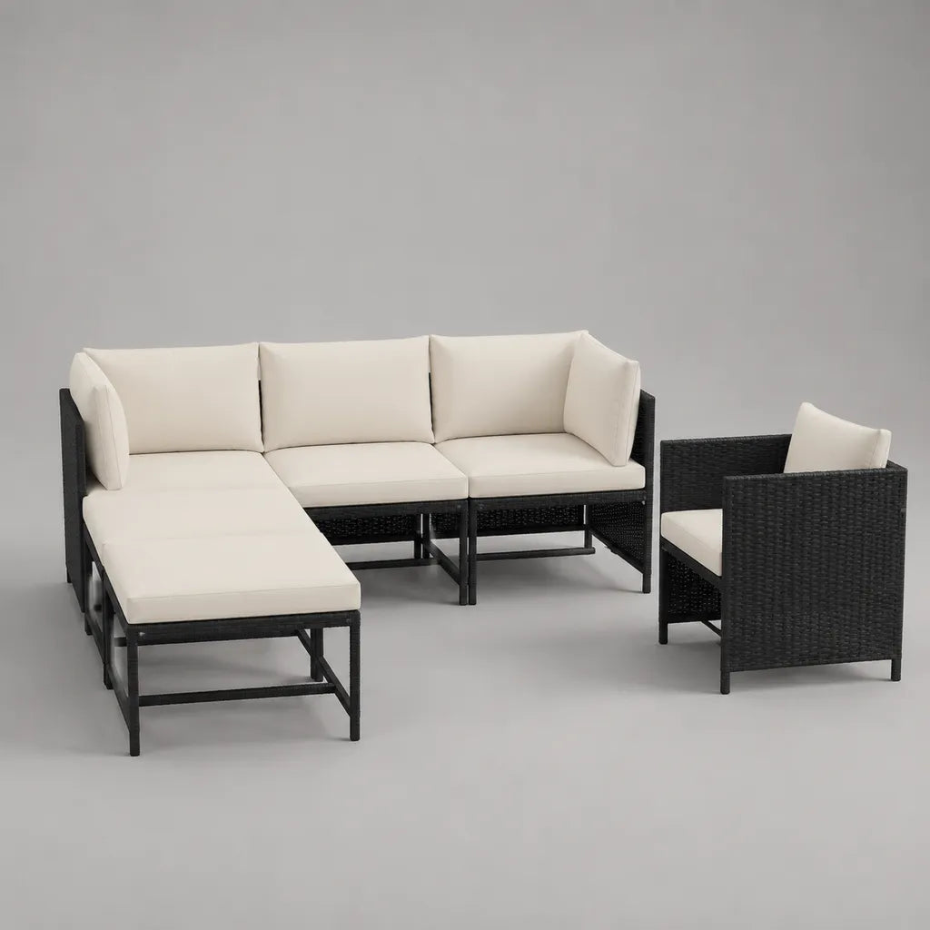Set angolare da giardino a 5 posti in rattan PE e acciaio nero con cuscini crema, 250 x 147 x 72 cm