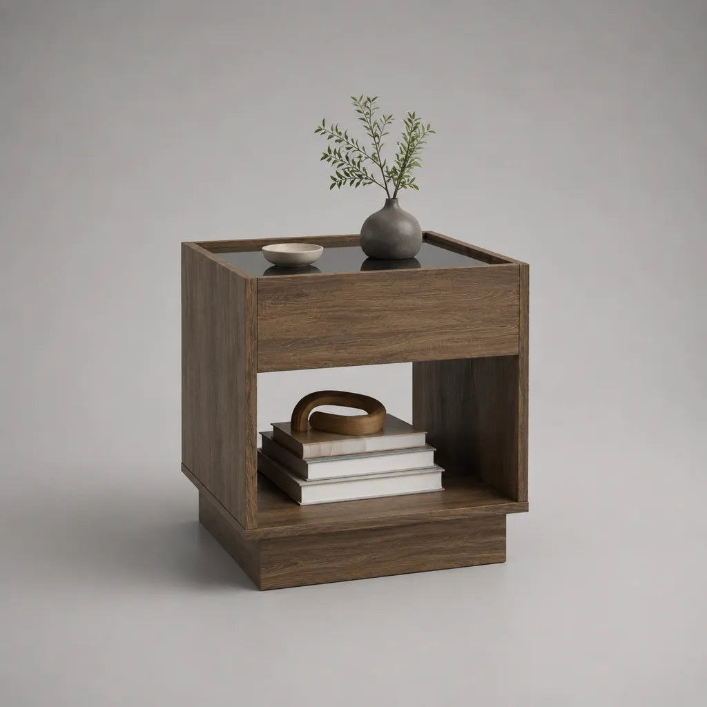 Tavolino da caffè in MDF e vetro con cassetto e vano aperto, marrone noce e nero, 45 × 40 × 60 cm