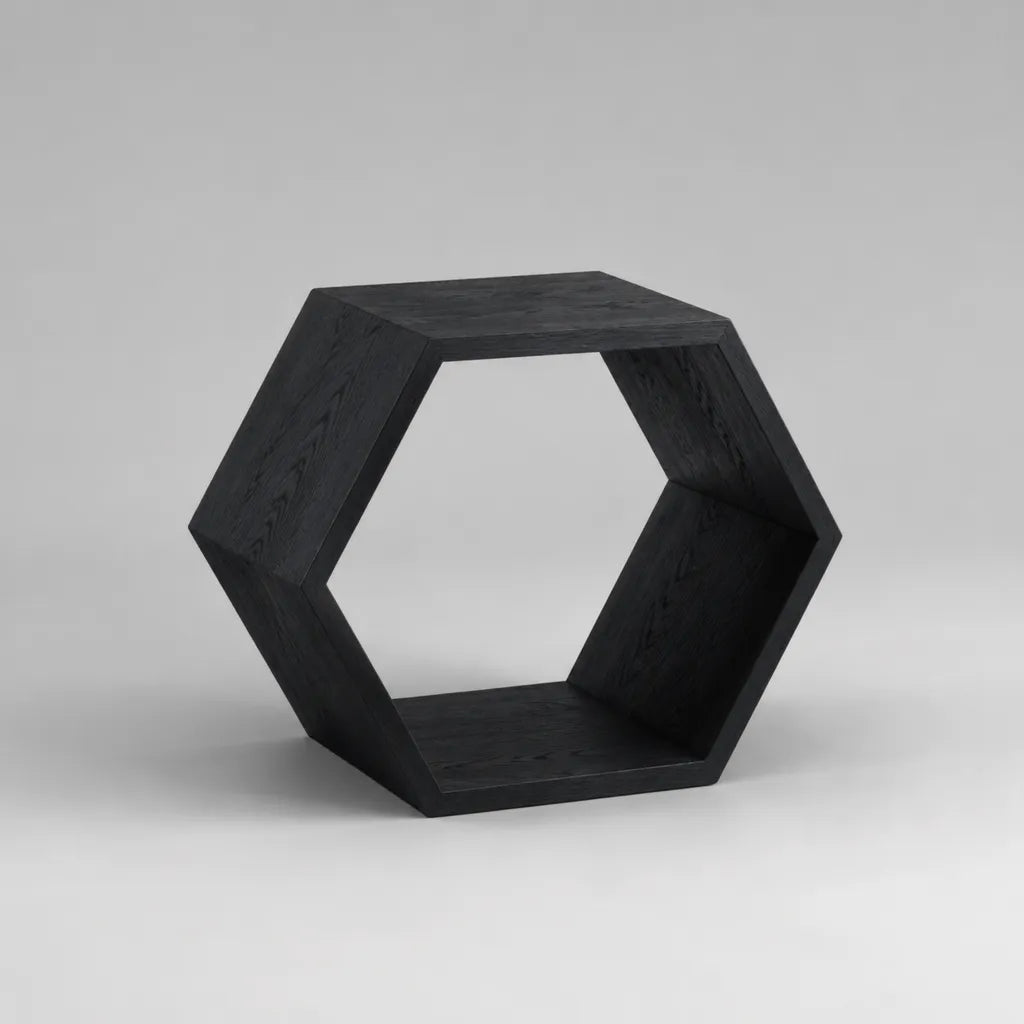 Tavolino esagonale in legno con ripiano, nero opaco, 60 × 30 × 52 cm
