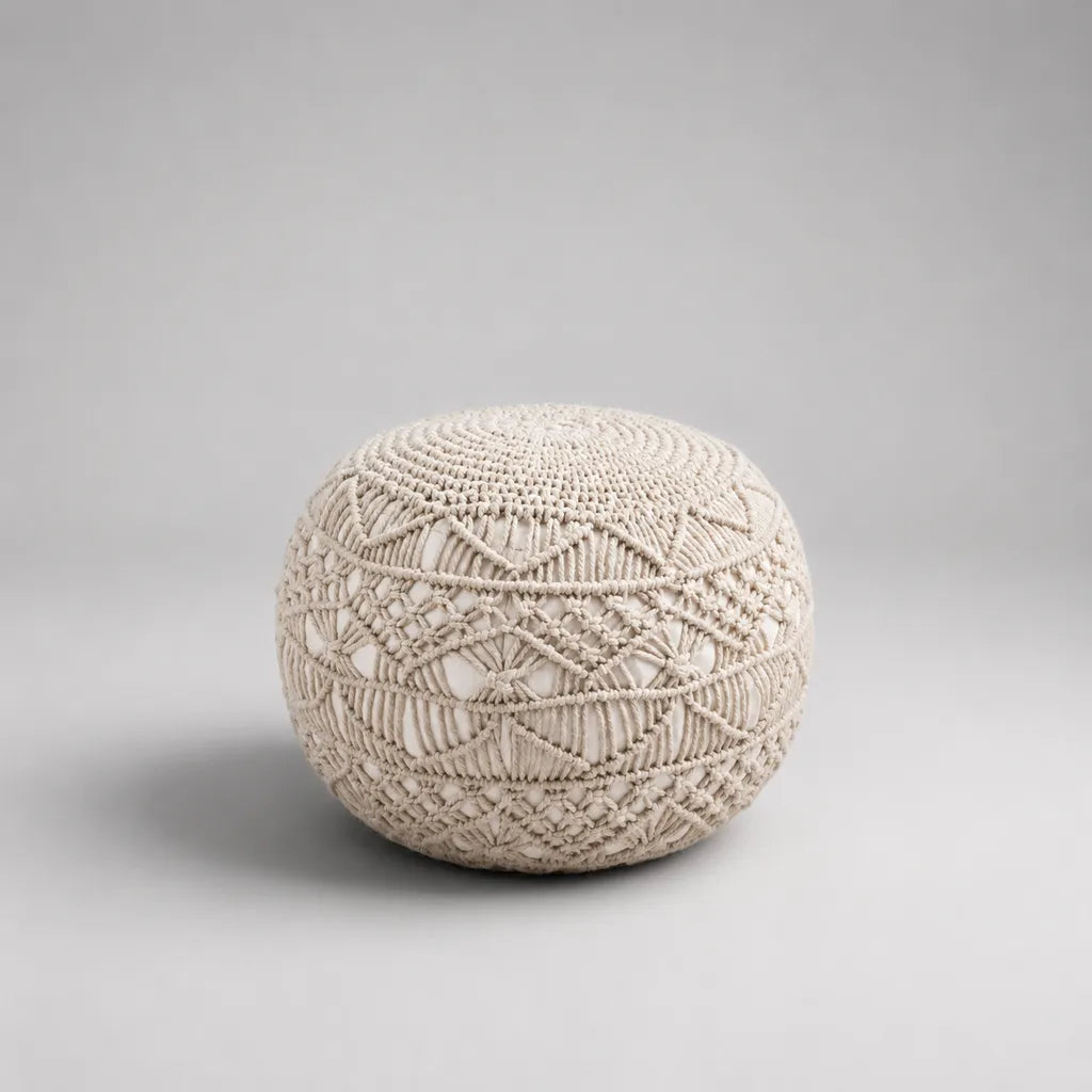 Pouf poggiapiedi rotondo in cotone intrecciato beige, 50 × 35 cm