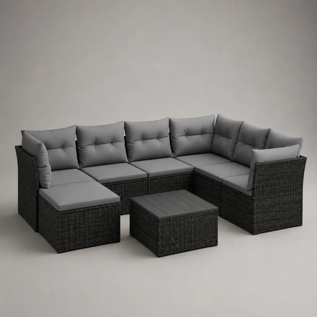 Set da giardino modulare angolare da esterno, 8 pezzi, 7 posti, in rattan nero con cuscini grigi e tavolino, 250 x 200 x 65 cm
