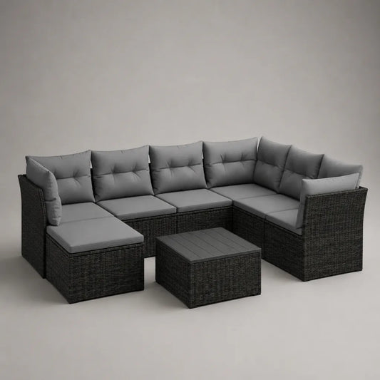 Set da giardino modulare angolare da esterno, 8 pezzi, 7 posti, in rattan nero con cuscini grigi e tavolino, 250 x 200 x 65 cm