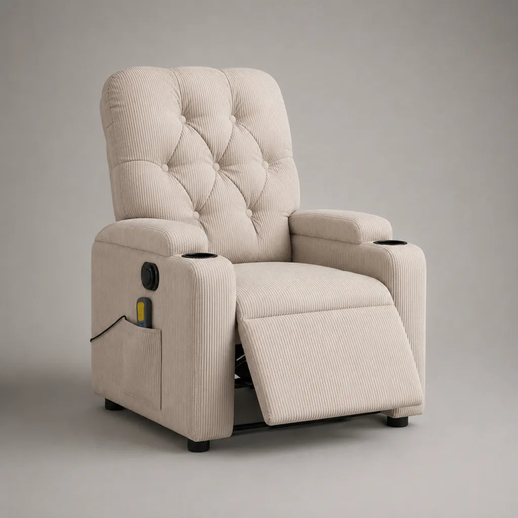 Poltrona reclinabile elettrica in velluto a coste di poliestere con poggiapiedi e 2 portabicchieri, beige, 90 × 95 × 105 cm