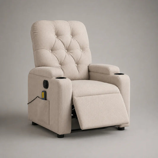 Poltrona reclinabile elettrica in velluto a coste di poliestere con poggiapiedi e 2 portabicchieri, beige, 90 × 95 × 105 cm