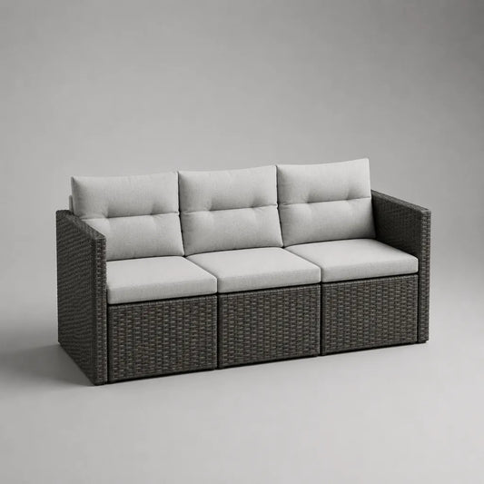 Divano modulare rettangolare da giardino a 3 posti in polyrattan e acciaio, grigio antracite e grigio chiaro, 190 x 72 x 82 cm