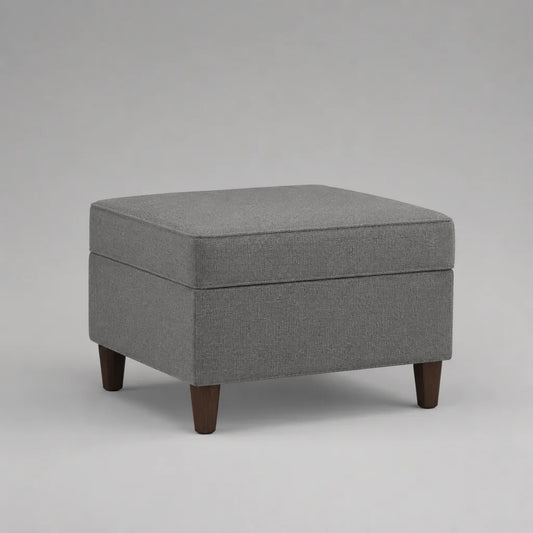 Poggiapiedi imbottito rettangolare in tessuto grigio con gambe in legno, 50 × 40 × 42 cm
