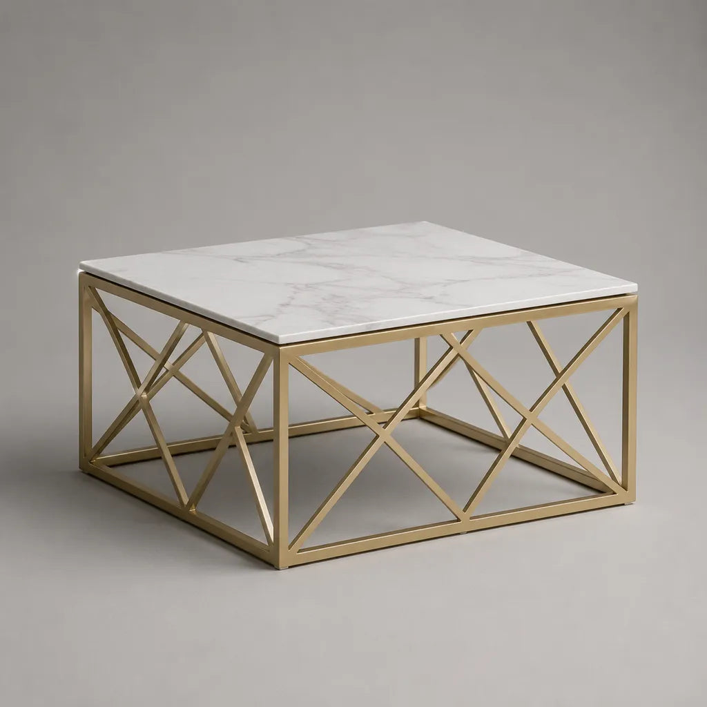 Tavolino da caffè quadrato in MDF effetto marmo bianco e metallo dorato, 80 x 80 x 45 cm