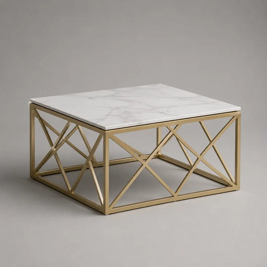 Tavolino da caffè quadrato in MDF effetto marmo bianco e metallo dorato, 80 x 80 x 45 cm