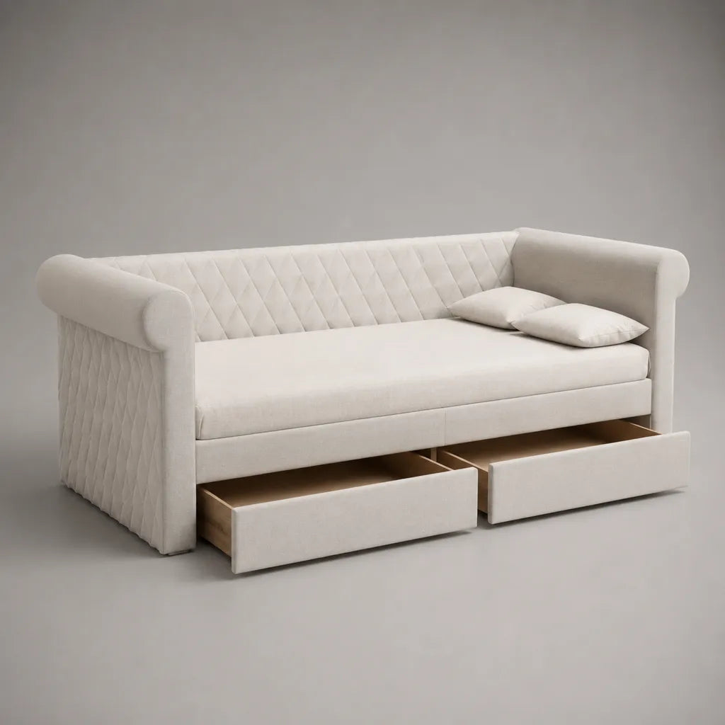 Divano letto 3 posti in tessuto con 2 cassetti e 2 cuscini, bianco crema, 220 × 90 × 90 cm