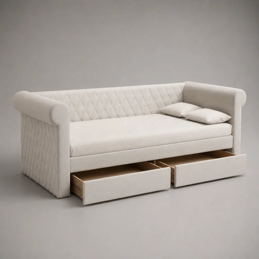 Divano letto 3 posti in tessuto con 2 cassetti e 2 cuscini, bianco crema, 220 × 90 × 90 cm