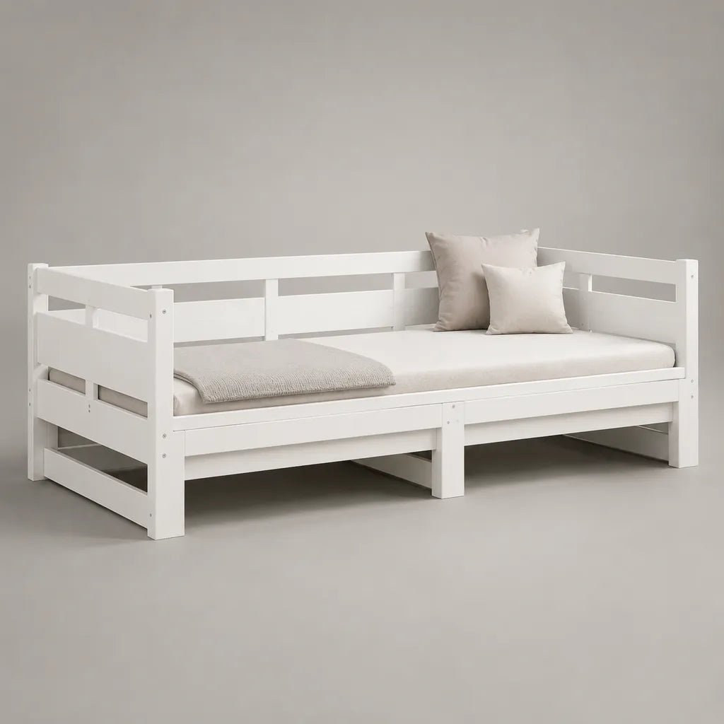 Divano letto singolo rettangolare in pino massello bianco, 206 x 96 x 78 cm, per materasso 90 x 200 cm
