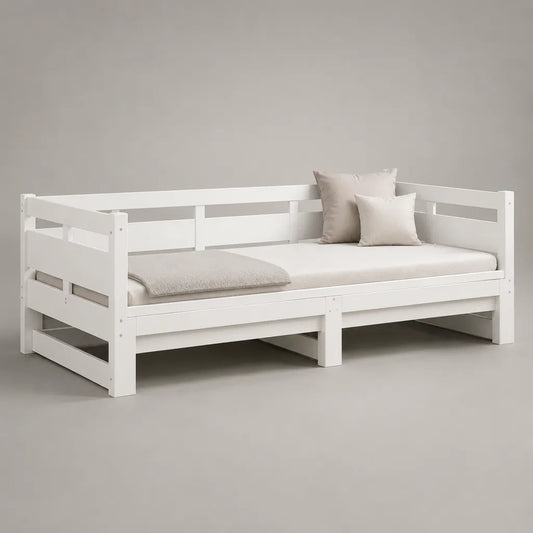 Divano letto singolo rettangolare in pino massello bianco, 206 x 96 x 78 cm, per materasso 90 x 200 cm