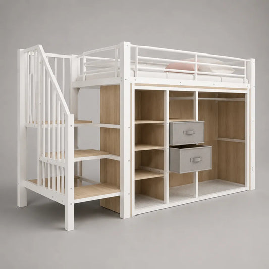Letto a soppalco singolo per bambini 90 × 200 cm in pino massello bianco, rovere naturale e grigio chiaro, con scala contenitore, armadio e scaffali, 205 × 145 × 180 cm
