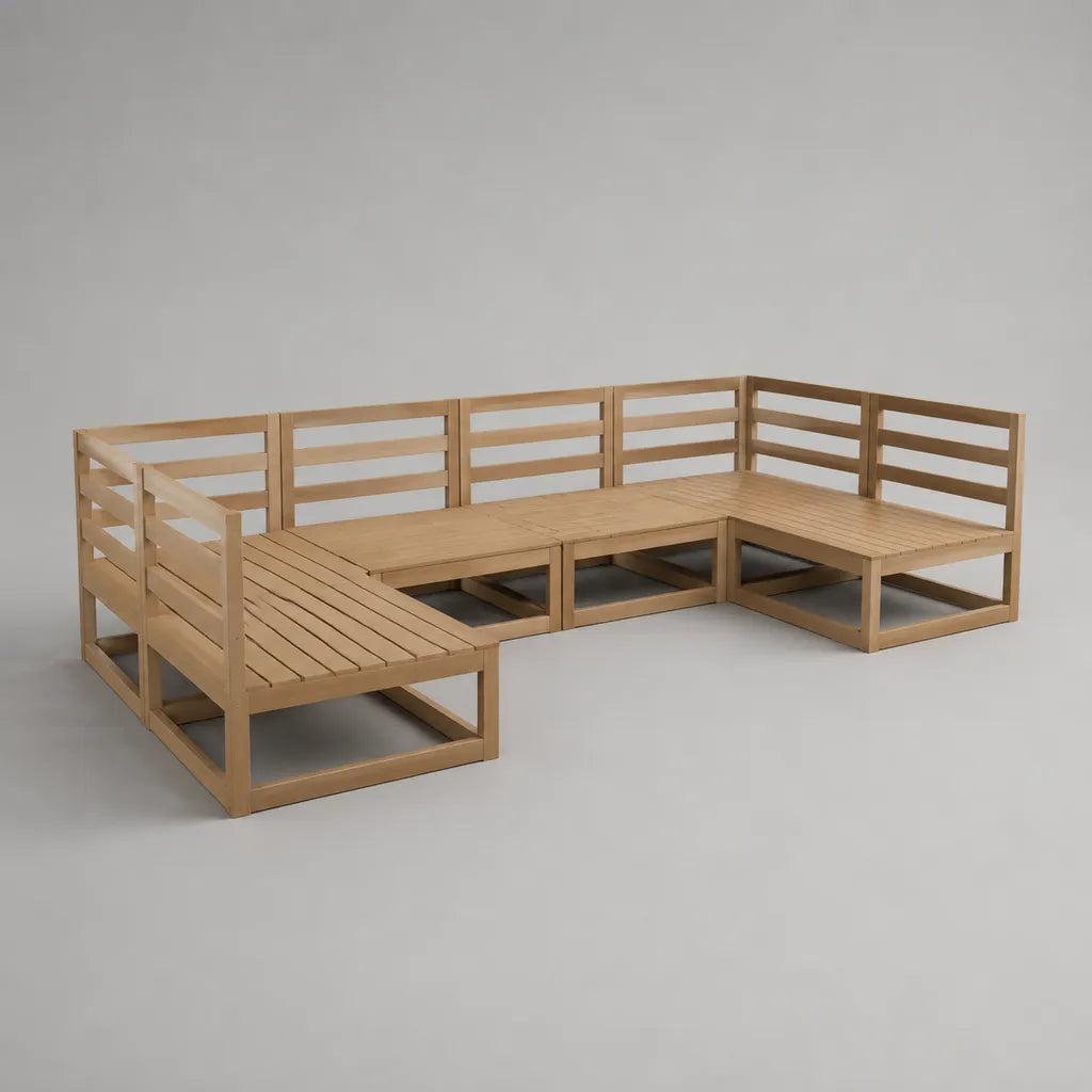 Divano modulare a U da interno ed esterno, 6 posti, in legno massello di acacia marrone naturale, 274 x 138 x 62,5 cm