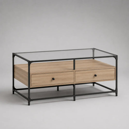 Tavolino rettangolare 100 × 55 × 50 cm in vetro, acciaio e legno con 2 cassetti, rovere naturale, nero e trasparente