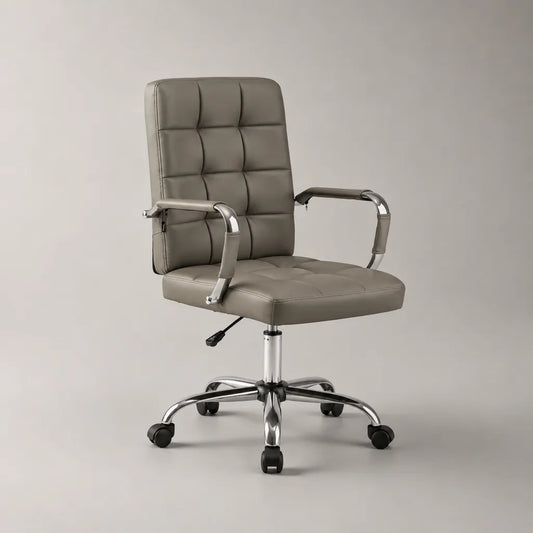 Sedia girevole in similpelle tortora con braccioli, altezza regolabile e ruote, 64 x 66 x 106-116 cm