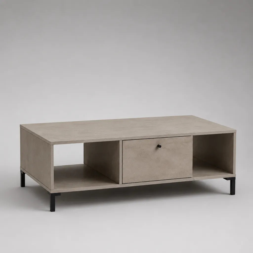 Tavolino da salotto rettangolare con cassetto e 2 vani, truciolare melaminico grigio cemento e acciaio nero, 110 × 55 × 45 cm