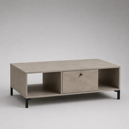 Tavolino da salotto rettangolare con cassetto e 2 vani, truciolare melaminico grigio cemento e acciaio nero, 110 × 55 × 45 cm