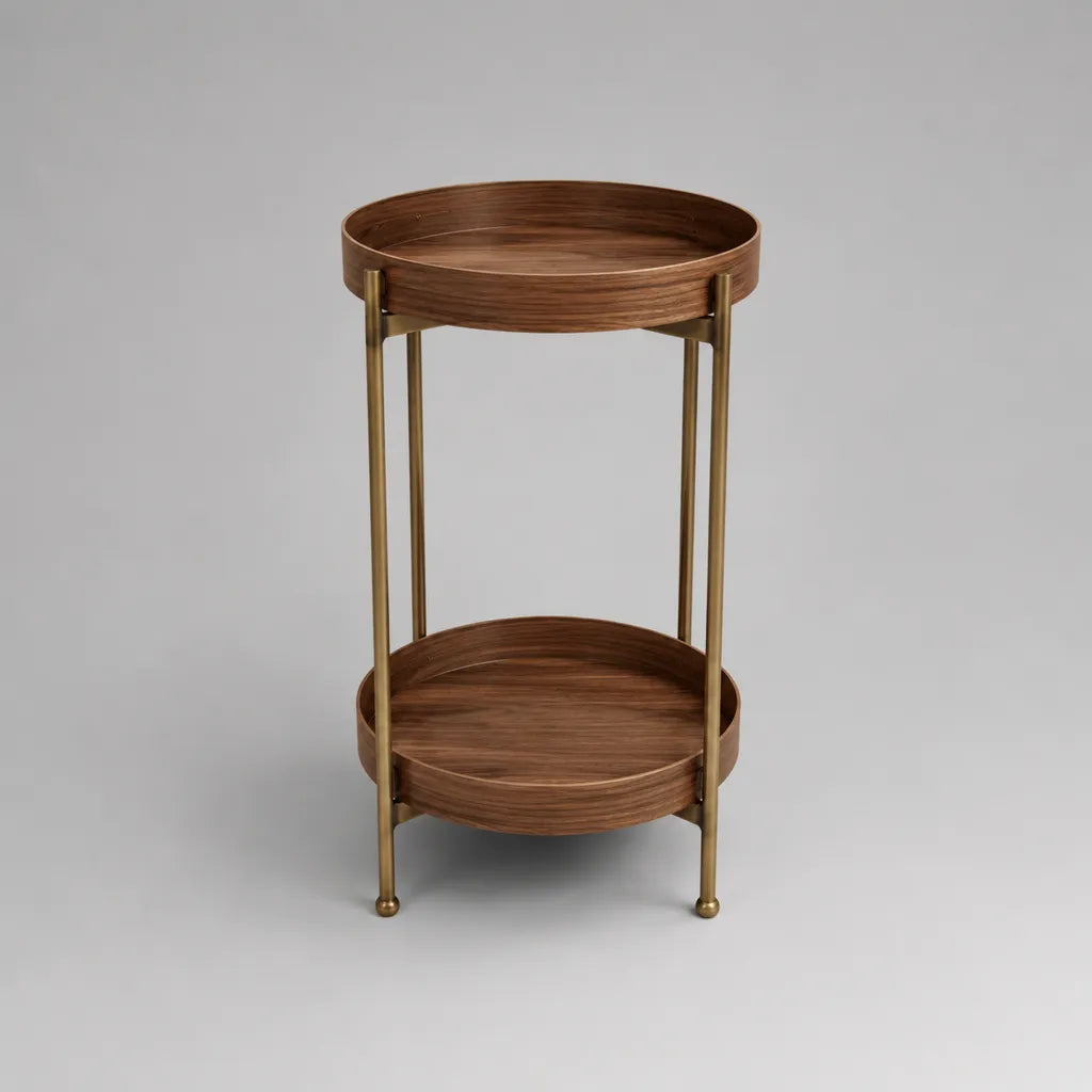 Tavolino laterale rotondo a 2 ripiani in MDF e acciaio, marrone noce e ottone, 45 × 45 × 65 cm