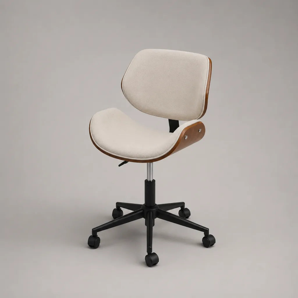 Sedia da ufficio girevole senza braccioli, regolabile in altezza, in poliestere, legno e metallo, beige, marrone e nero, 60 × 57 × 78-88 cm