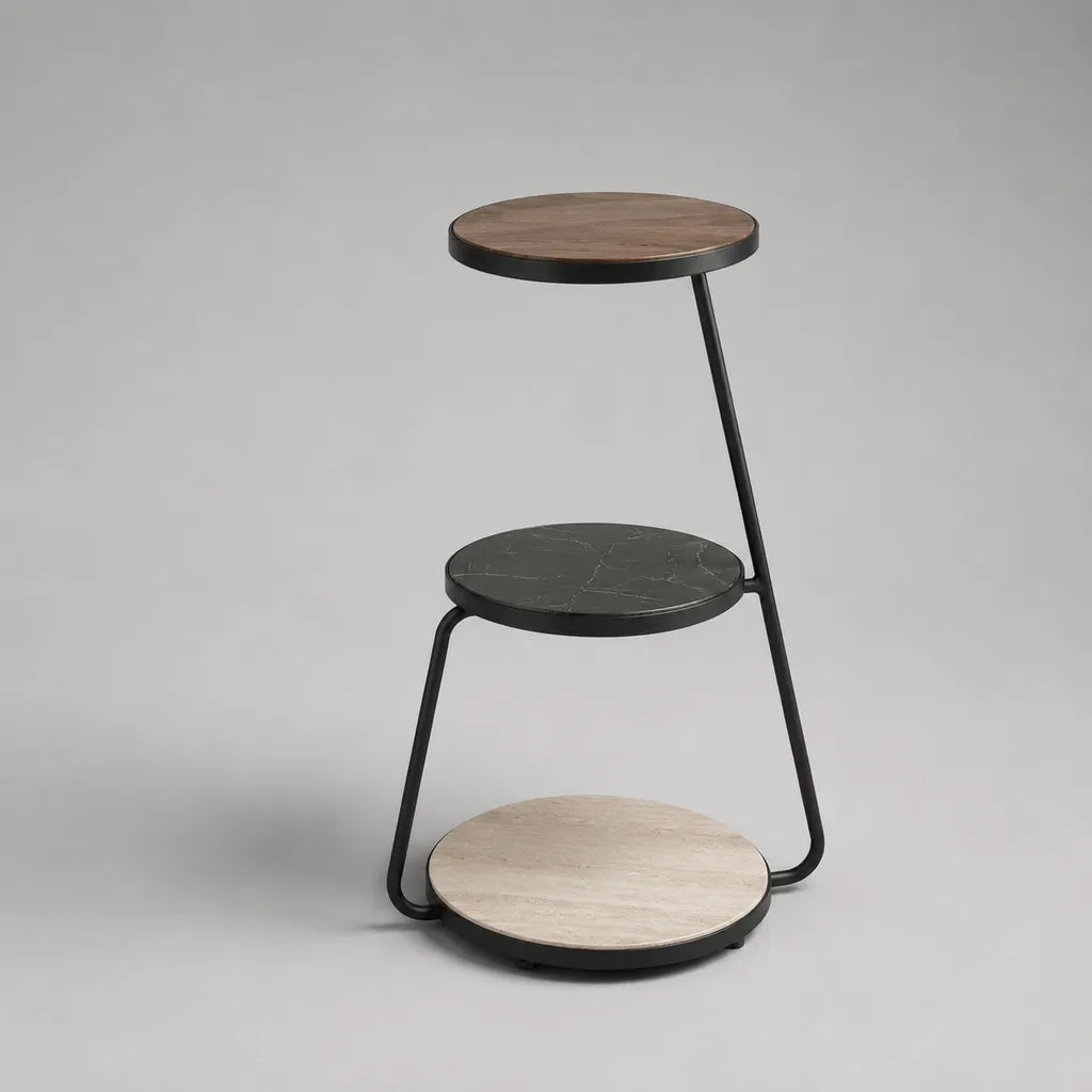 Tavolino laterale rotondo a 3 ripiani in legno e acciaio, nero, marrone e beige, 45 × 45 × 83 cm