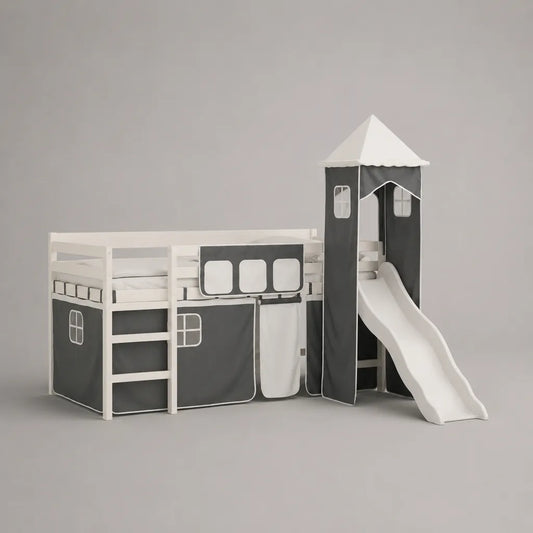 Letto a soppalco per bambini 90 x 200 cm in pino massello bianco con scala, scivolo, torre e tenda grigio-bianca