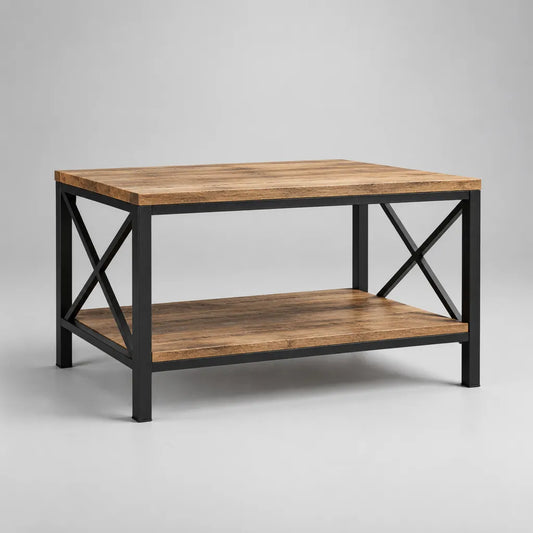 Tavolino da caffè rettangolare in abete massello e acciaio, marrone e nero, 100 × 60 × 50 cm