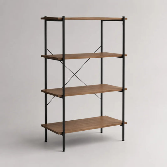 Libreria rettangolare a 4 ripiani in MDF e acciaio, marrone noce e nero, 80 × 30 × 150 cm