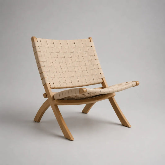 Poltrona bassa monoposto in legno con cinghie intrecciate beige, 70 × 76 × 76 cm
