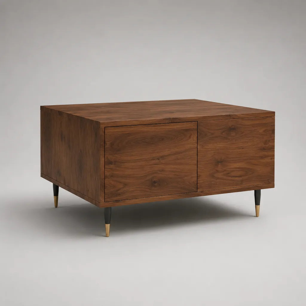 Tavolino da salotto contenitore rettangolare in MDF impiallacciato noce con gambe in acciaio, marrone noce, nero e ottone, 90 × 60 × 50 cm