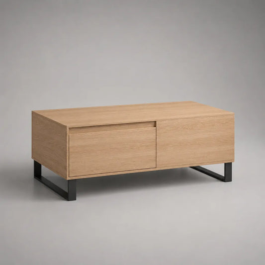 Tavolino rettangolare in legno e metallo con 2 cassetti, rovere naturale e nero, 100 × 55 × 45 cm