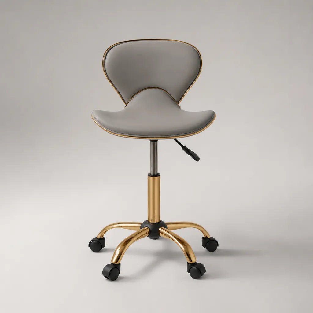 Sedia da ufficio girevole regolabile in PU grigio con base in acciaio dorato, 48 × 52 × 78-90 cm