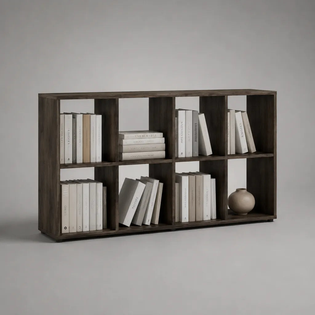 Libreria bassa rettangolare in pannello truciolare melaminico marrone scuro, 8 vani, 160 x 30 x 80 cm