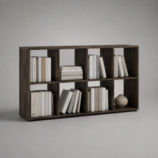 Libreria bassa rettangolare in pannello truciolare melaminico marrone scuro, 8 vani, 160 x 30 x 80 cm