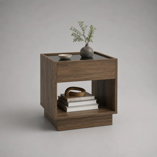 Tavolino da caffè in MDF e vetro con cassetto e vano aperto, marrone noce e nero, 45 × 40 × 60 cm