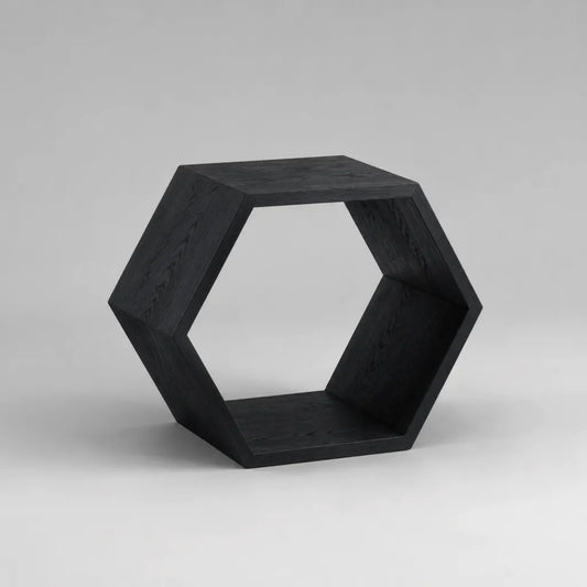 Tavolino esagonale in legno con ripiano, nero opaco, 60 × 30 × 52 cm
