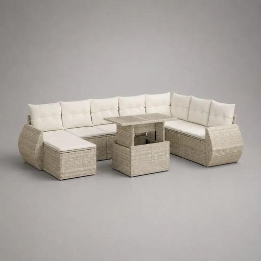 Set salotto da giardino 9 posti in rattan PE beige con divano angolare 252 x 191 x 86 cm, panca e tavolo elevabile 120 x 70 x 48-68 cm