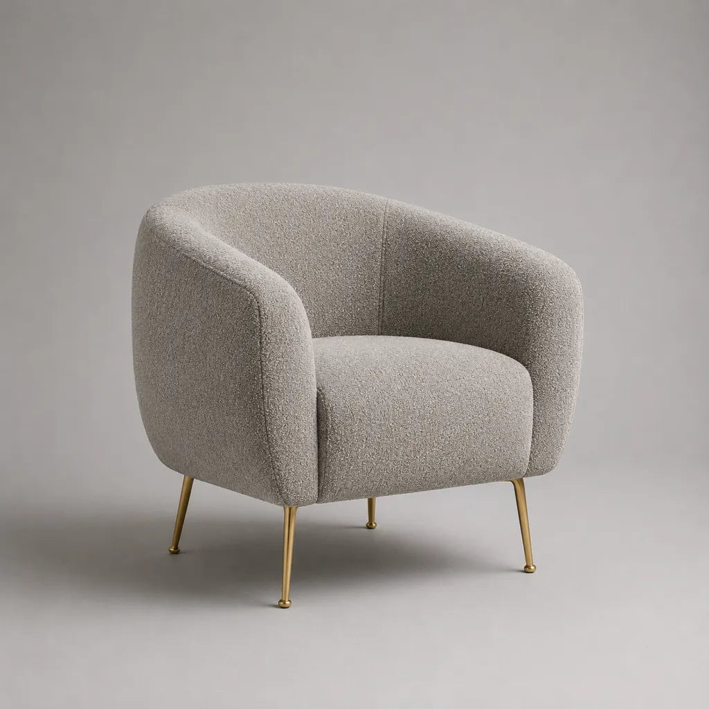 Poltrona imbottita in bouclé di poliestere con schienale curvo grigio chiaro e gambe in metallo, 78 x 75 x 75 cm