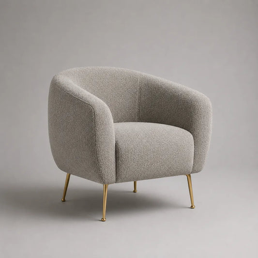 Poltrona imbottita in bouclé di poliestere con schienale curvo grigio chiaro e gambe in metallo, 78 x 75 x 75 cm
